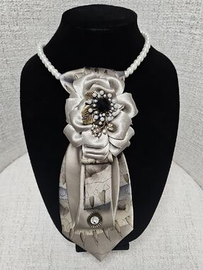 Custom Made Silk Champagne Grayish Necktie Necklace w/ Floral & Pearls Brooch